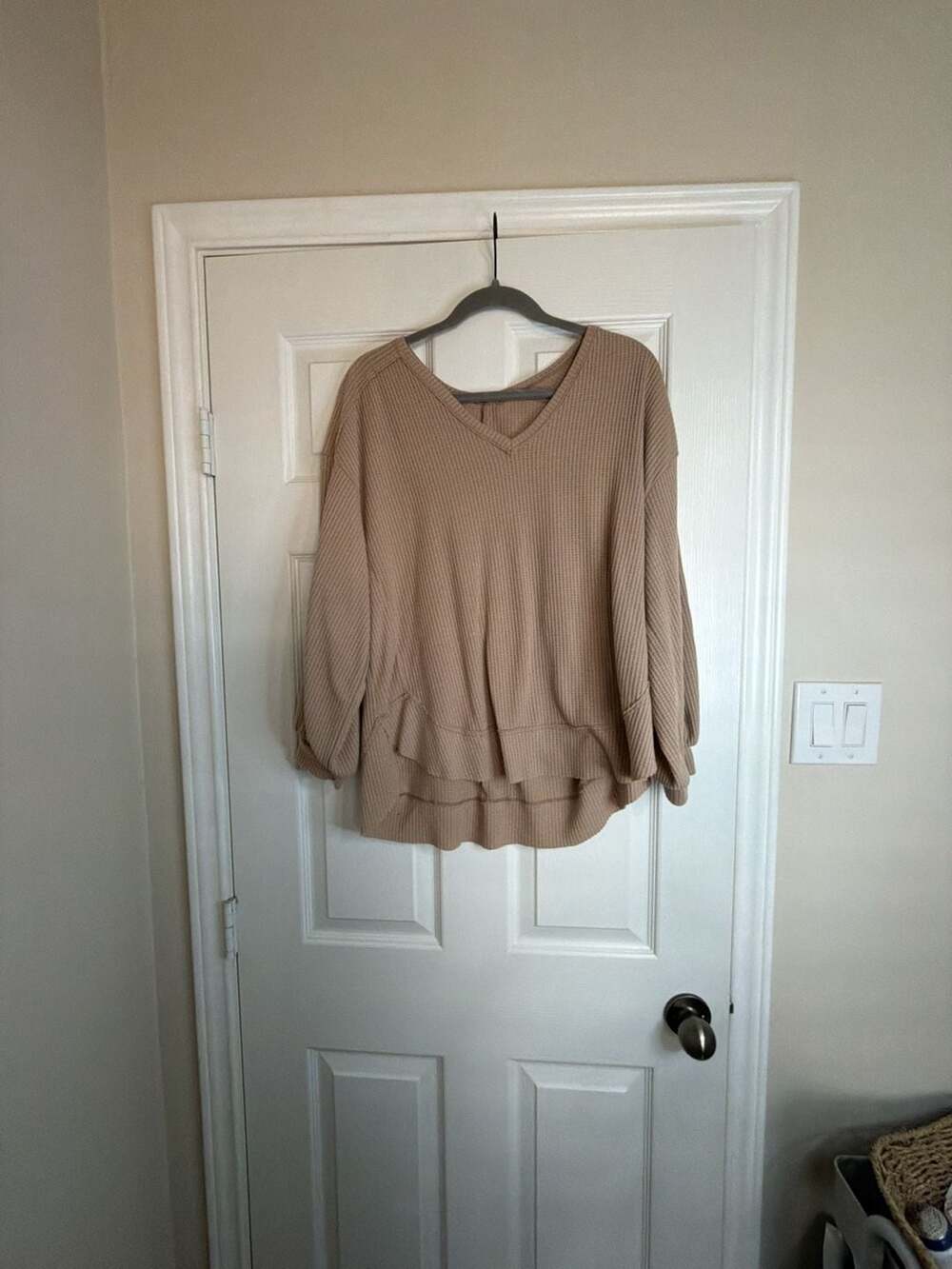 Altar'd State Waffle Knit V-Neck Pullover Top Brown
